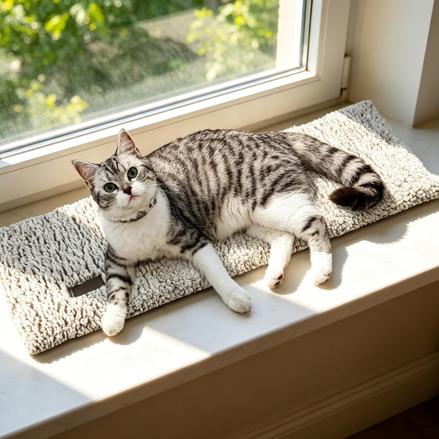 Mora Pets Katzen Fensterliege: Selbstwärmende Katzendecke für Fensterbank, rutschfest, waschbar 90 x 28 cm