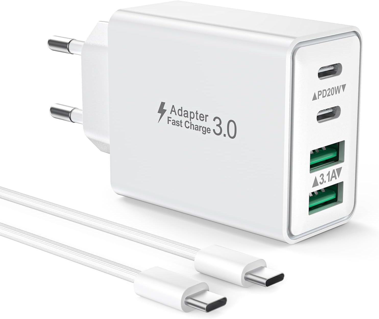Detalle de LumFocus Caricatore USB-C da 40W con 4 porte e cavo USB-C da 2 m – ricarica rapida per iPhone, iPad e Android