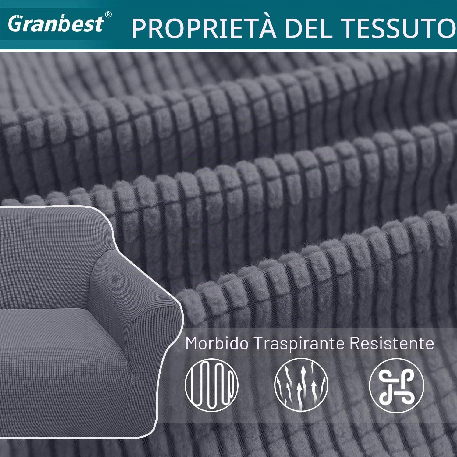 Detalle de Granbest Copridivano Elasticizzato 4 posti Grigio: Vestibilità perfetta e protezione per il soggiorno