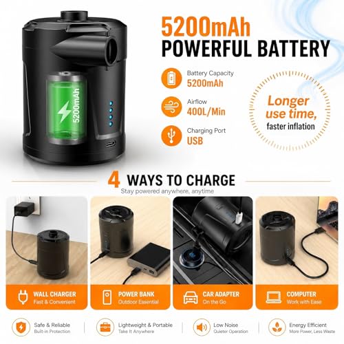 Detalle 2 de Pompe à air électrique SUPPOU – Batterie rechargeable 5200 mAh, 3 buses, gonflage rapide pour piscine et matelas