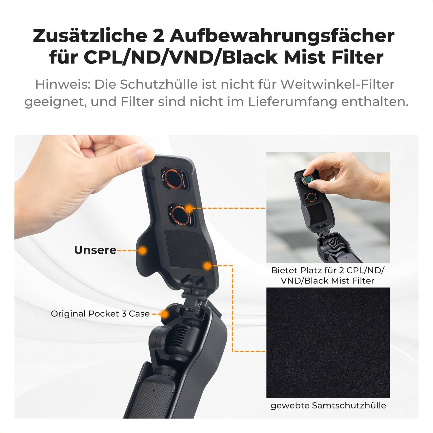 Thumbnail 3 de K&F CONCEPT OSMO Pocket 3 Schutzhülle Rückseite – mit Filterschlitz x2, Displayschutz aus gehärtetem Glas und Trageband