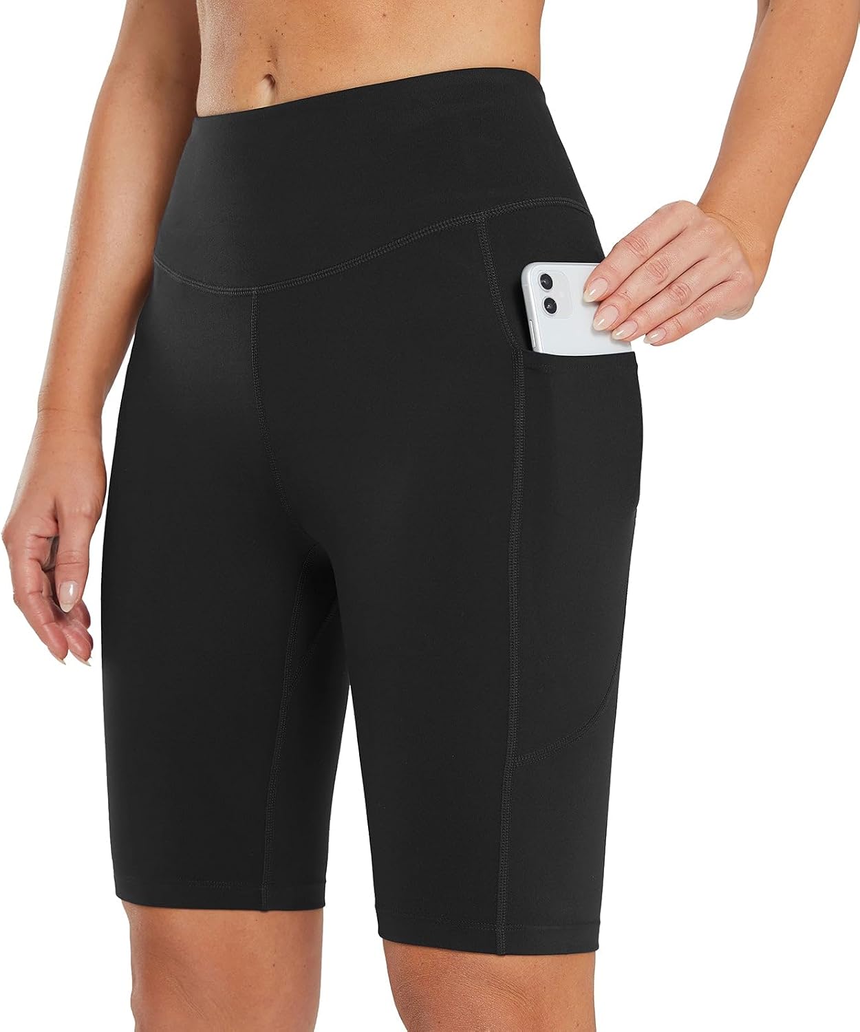 Detalle de BALEAF Women's 10" Running Shorts with Pockets: Knee-Length, High-Waisted Biker Short Trousers