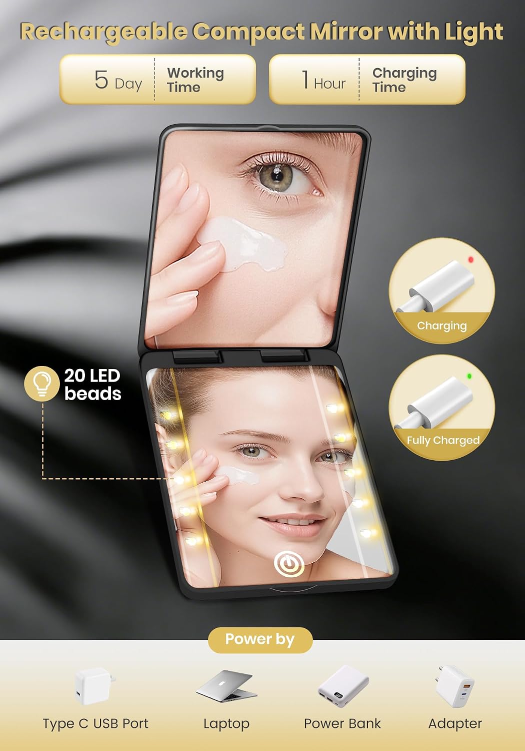 Detalle de SisKokoro 30X Rechargeable Lighted Makeup Mirror, Black