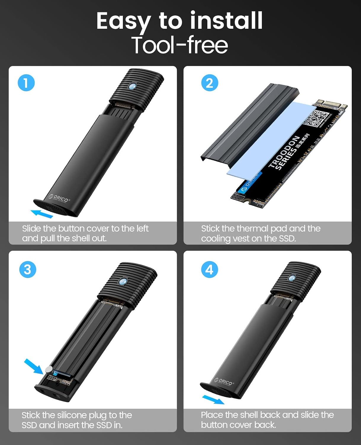 Detalle 1 de ORICO NVMe/M.2 SATA Adapter-Gehäuse für USB 3.2 Gen 2 (10 Gbps) – Werkzeugloses M.2 Case mit UASP, TRIM & SMART
