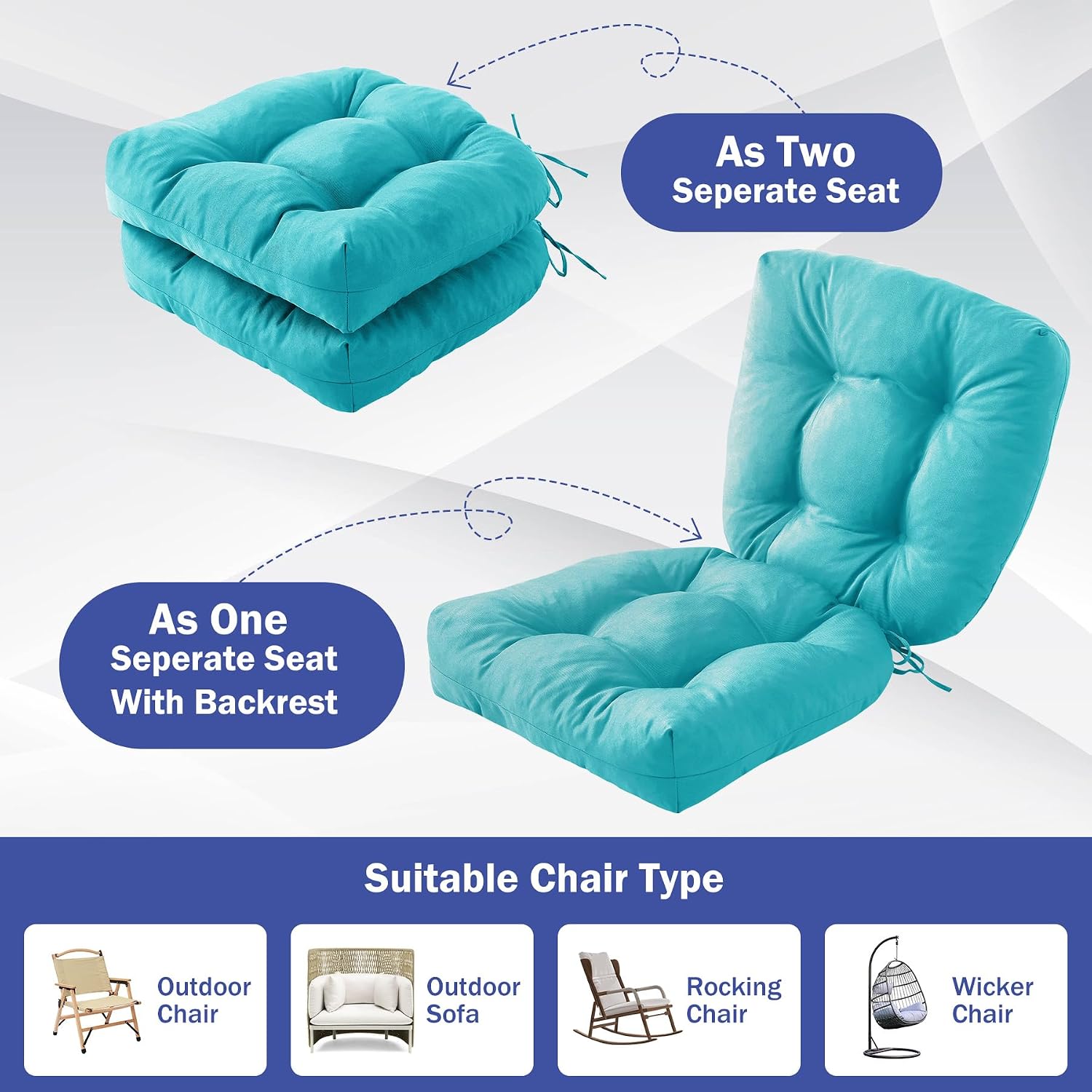 Detalle de IPYNBAP Outdoor Chair Cushions, Set of 2, Teal, Tufted with Ties