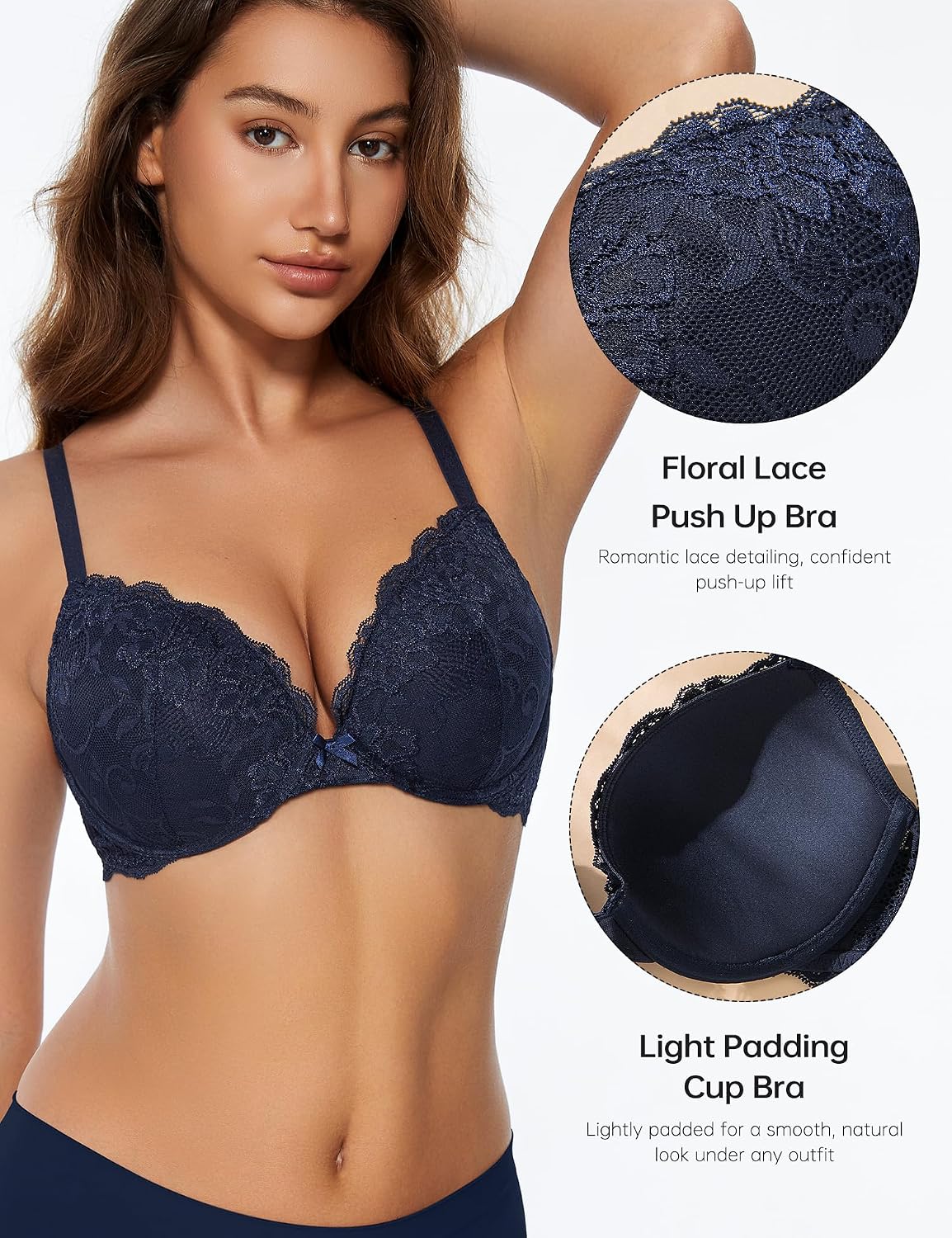 Detalle de Wingslove Damen Push-up BH mit floraler Spitze und Bügel für einen formenden Sitz