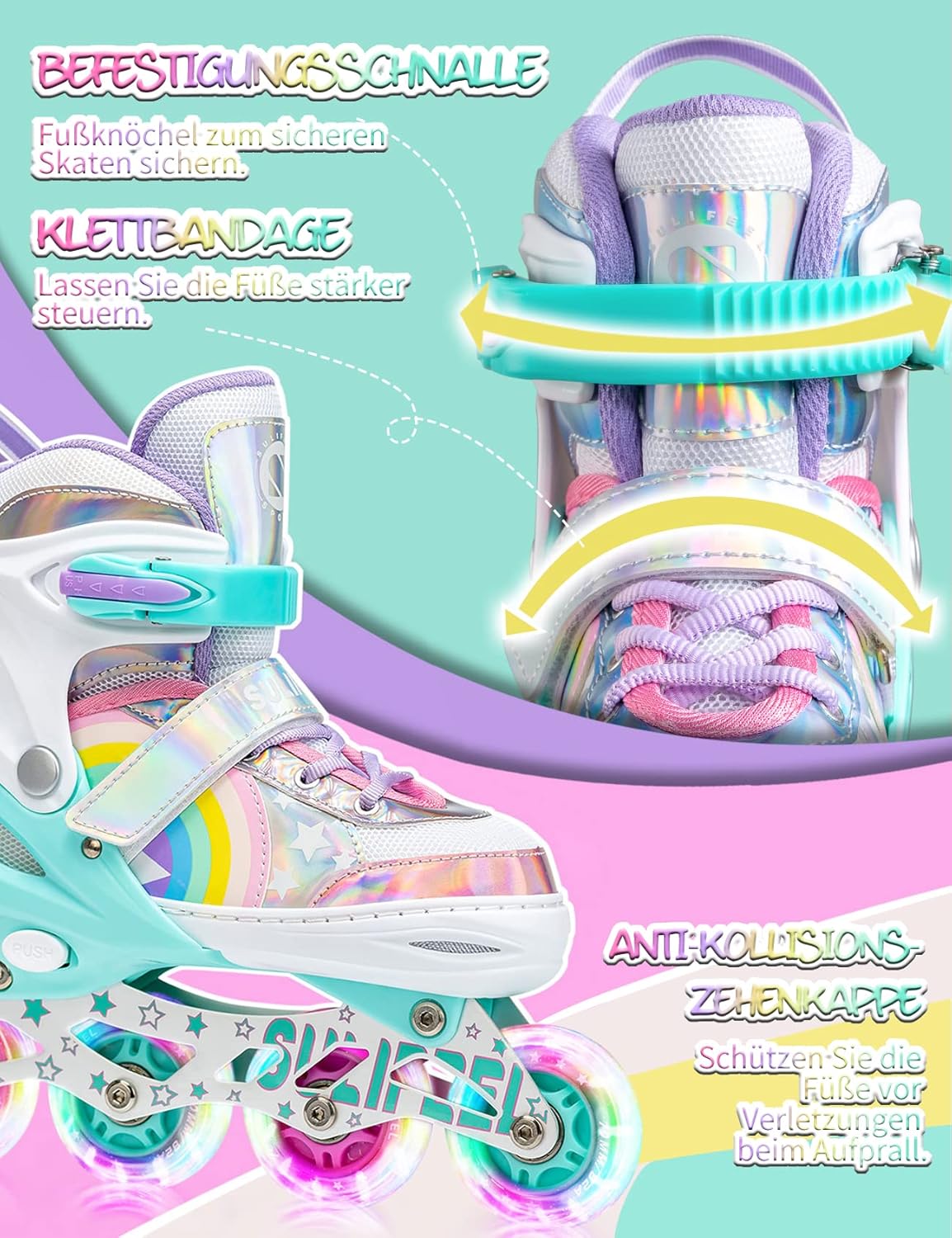 Detalle 2 de SULIFEEL Rainbow Unicorn Rollschuhe für Kinder