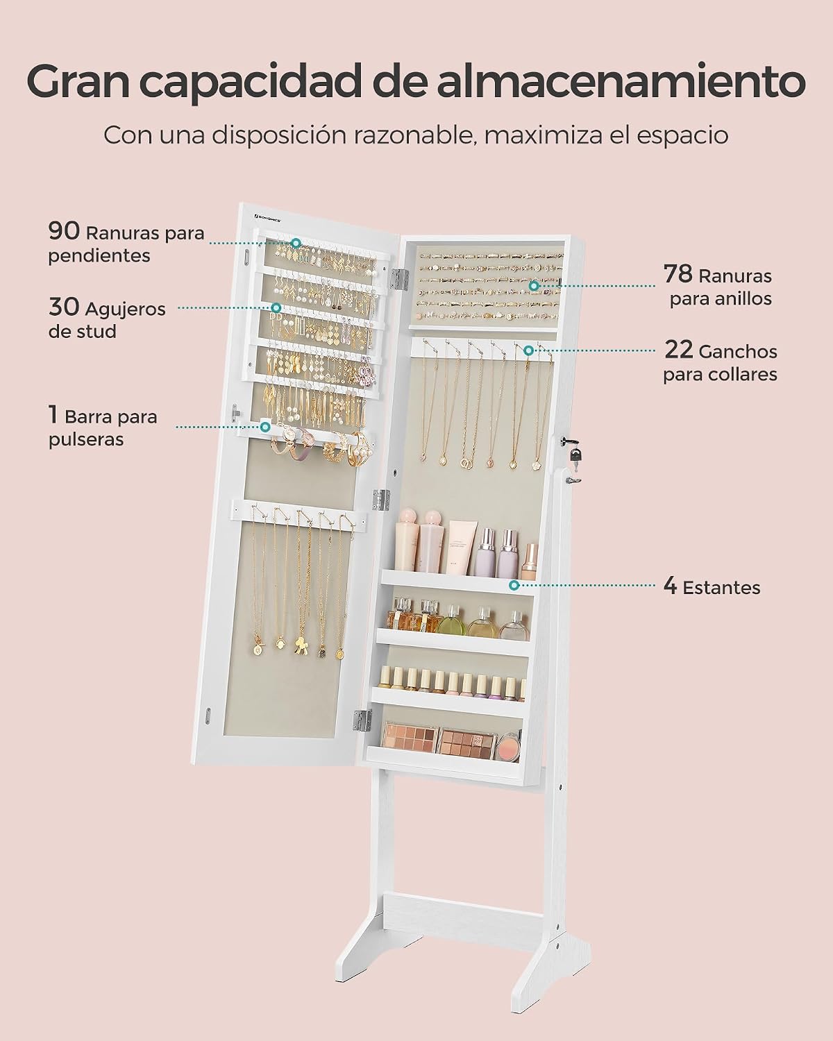 Detalle de SONGMICS Espejo Joyero JJC069W02 con cerradura, armario bloqueable y espejo de longitud completa