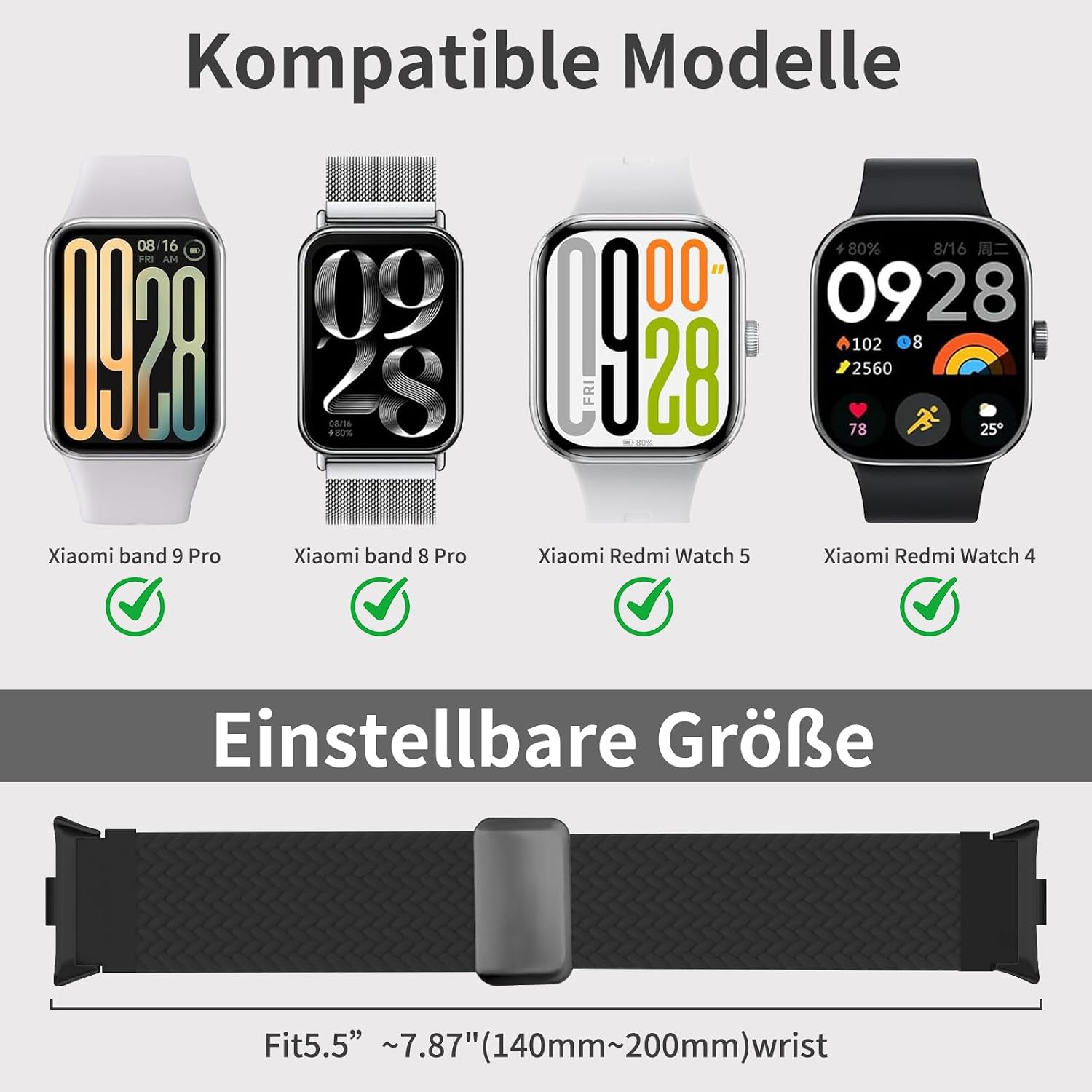 Detalle de chinbersky Geflochtenes Nylon-Armband für Xiaomi Band 8 Pro/9 Pro und Redmi Watch – Magnetverschluss, elastisch, atmungsaktiv