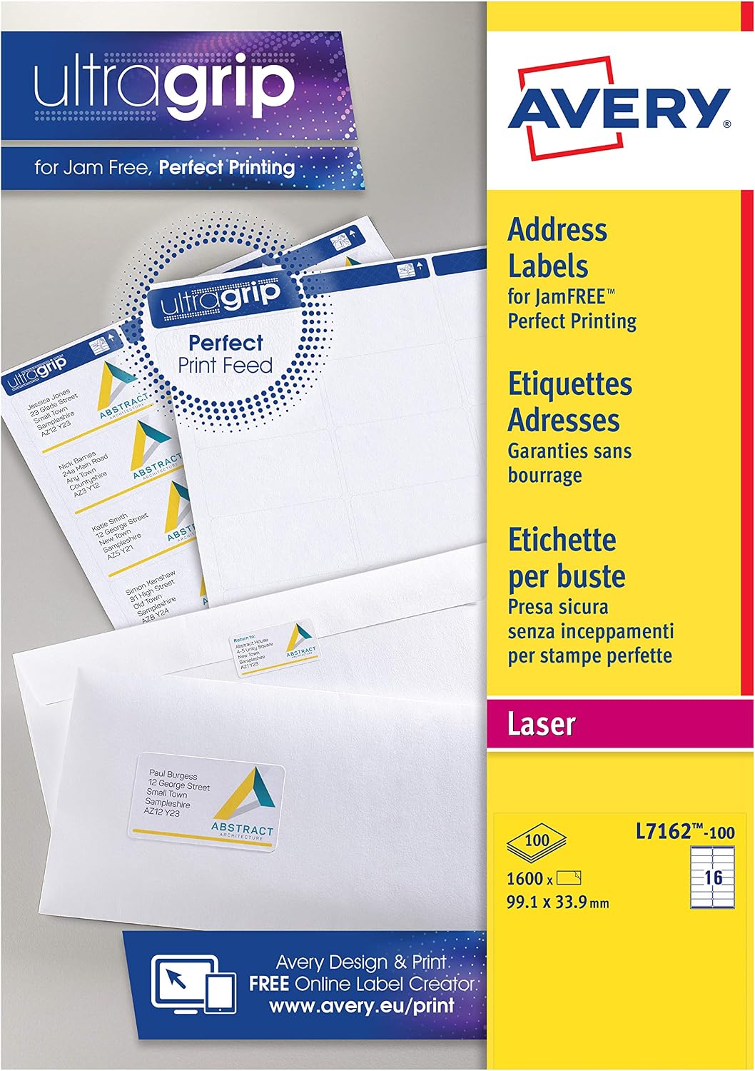 Detalle de Avery JamFREE printable address labels (L7162-100) – white, customisable sheets