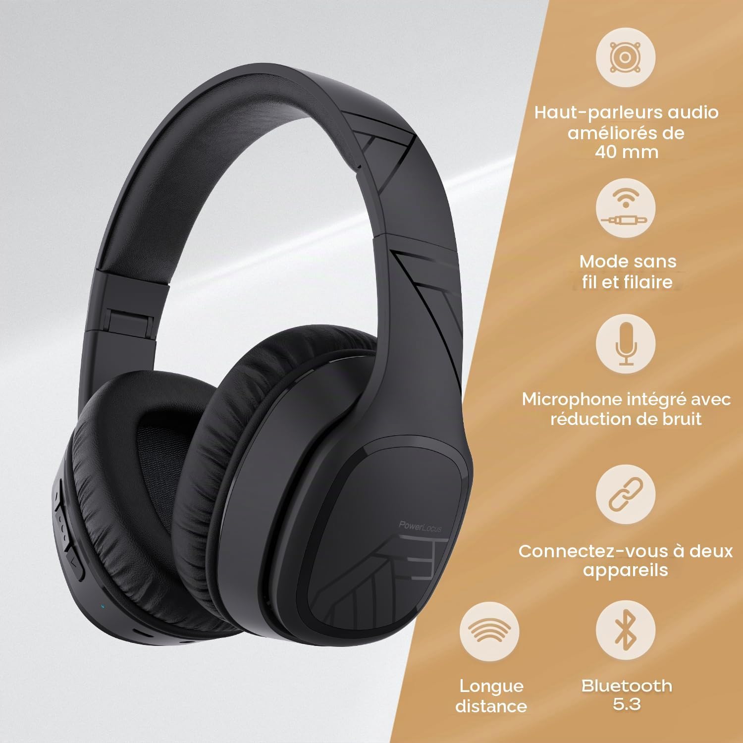 Thumbnail 1 de PowerLocus Casque Bluetooth sans Fil – 60 Heures d’autonomie, micro, pliable et confort sur l’oreille