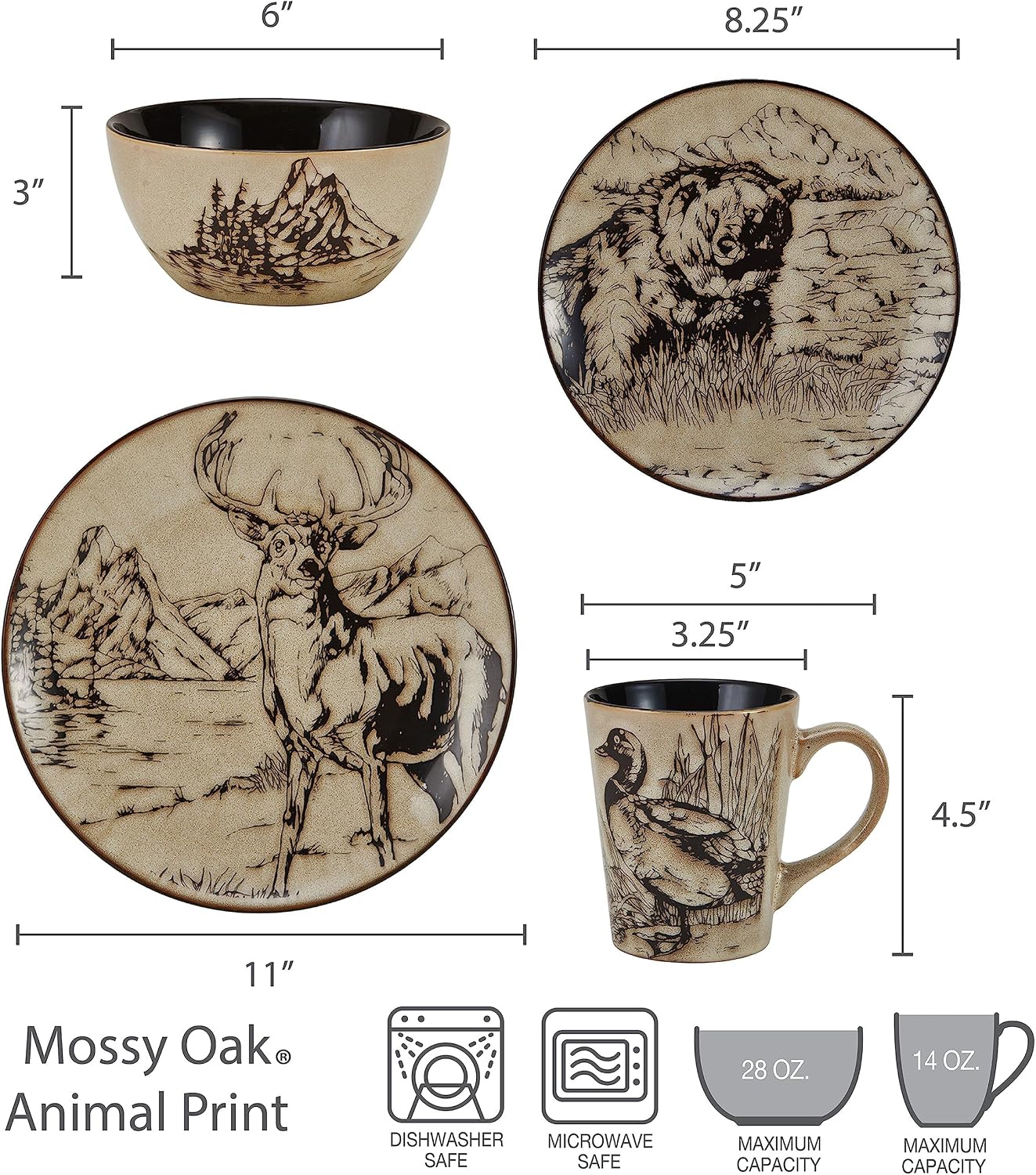 Thumbnail 1 de Mossy Oak Animal Print 16-Piece Dinnerware Set (Service for 4) in Black and Beige