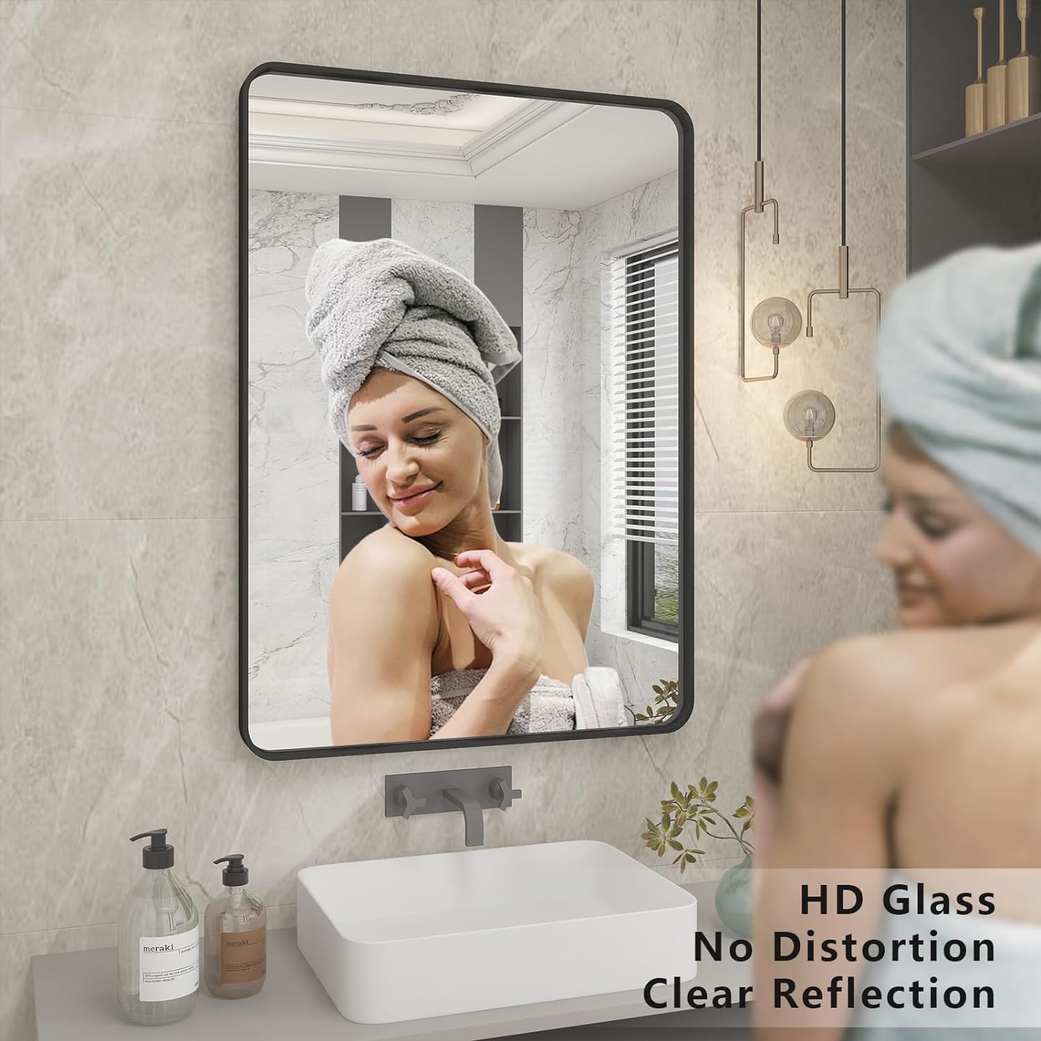 Detalle de CHAMROR 24x32 Inch Black Metal Framed Mirror — Anti-Rust, Tempered Glass, Hang Vertically or Horizontally