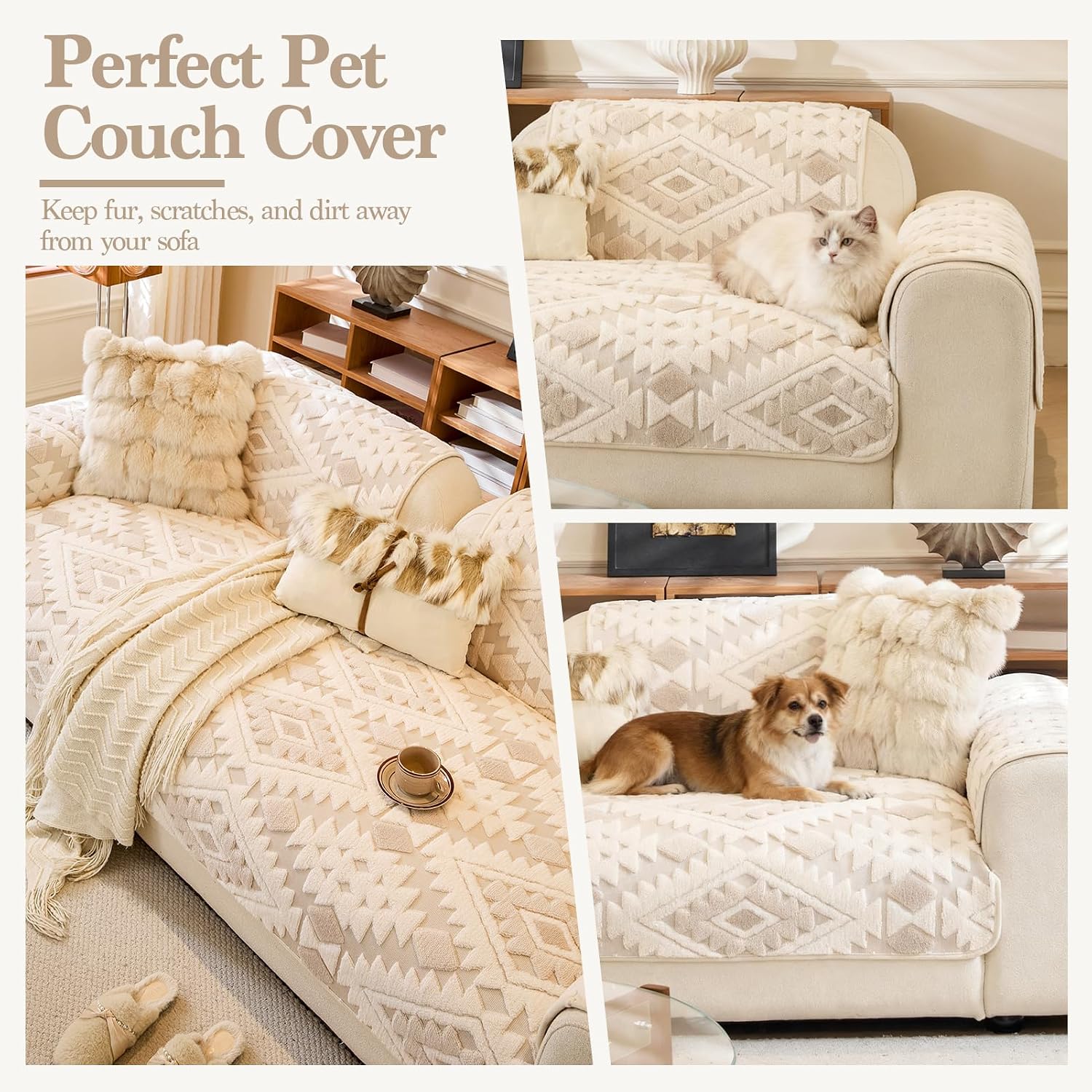 Detalle de WEYOND Copridivano Antiscivolo in Morbido Pile per Cani e Gatti - Beige, 90 x 240 cm (2/3/4 Posti)
