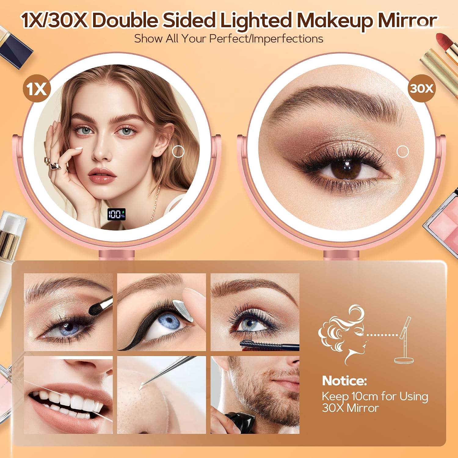 Detalle de B Beauty Planet Magnifying Mirror with Light 30X/1X (Double Sided, Rose Gold) with 3 Light Modes, Adjustable Height & 360° Rotation