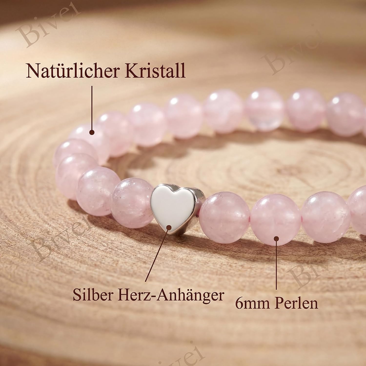 Detalle de Bivei Rosenquarz 6 mm Stretcharmband für Damen – handgefertigtes Naturstein-Armband mit Edelstahlperle