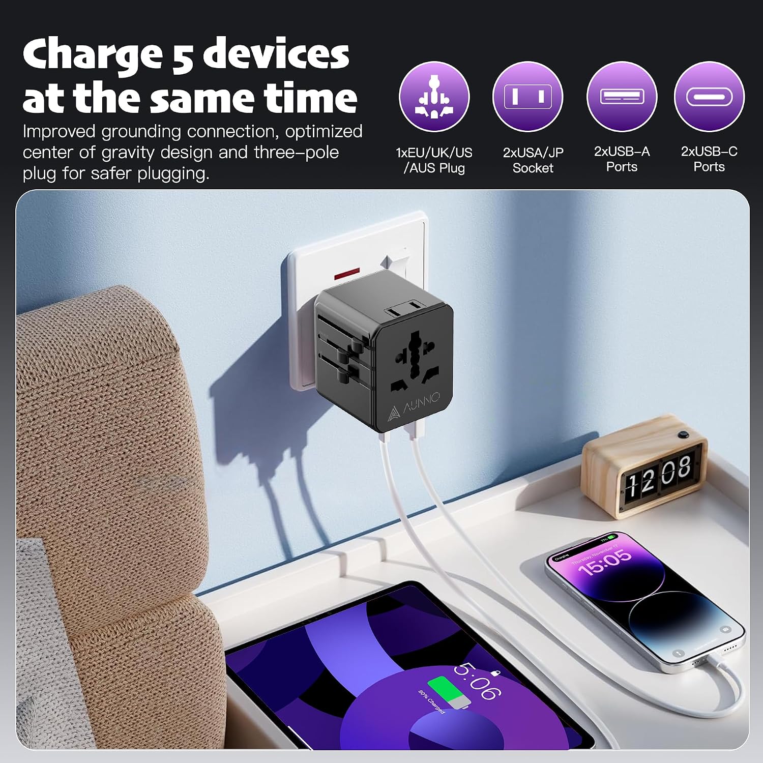 Detalle de AUNNO Universal Travel Adapter with 2 USB-C, 2 USB Ports and UK/EU/US/AU Sockets