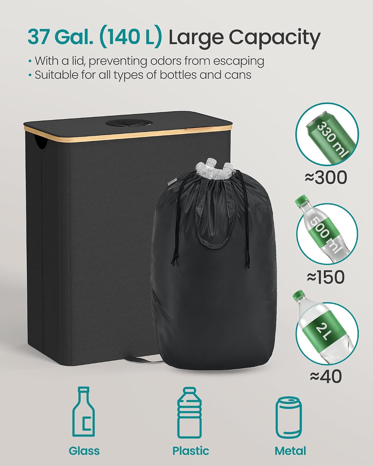 Thumbnail 2 de SONGMICS RRB513B01 135 L Bottle Collection Bin with Lid and Inner Bag