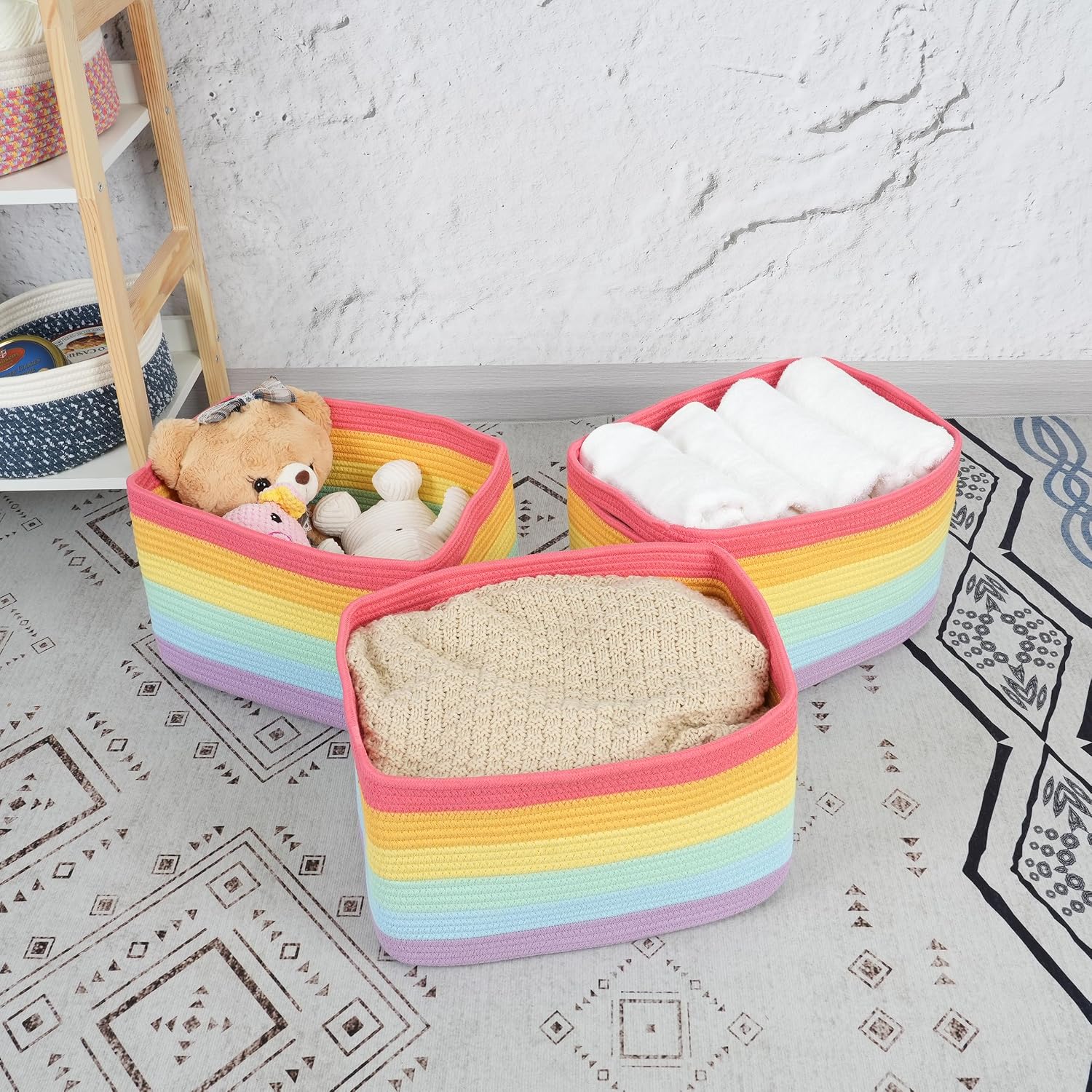 Detalle de XUANGUO LBG-0001 Woven Cotton Rope Storage Baskets, 3-Pack, Rainbow