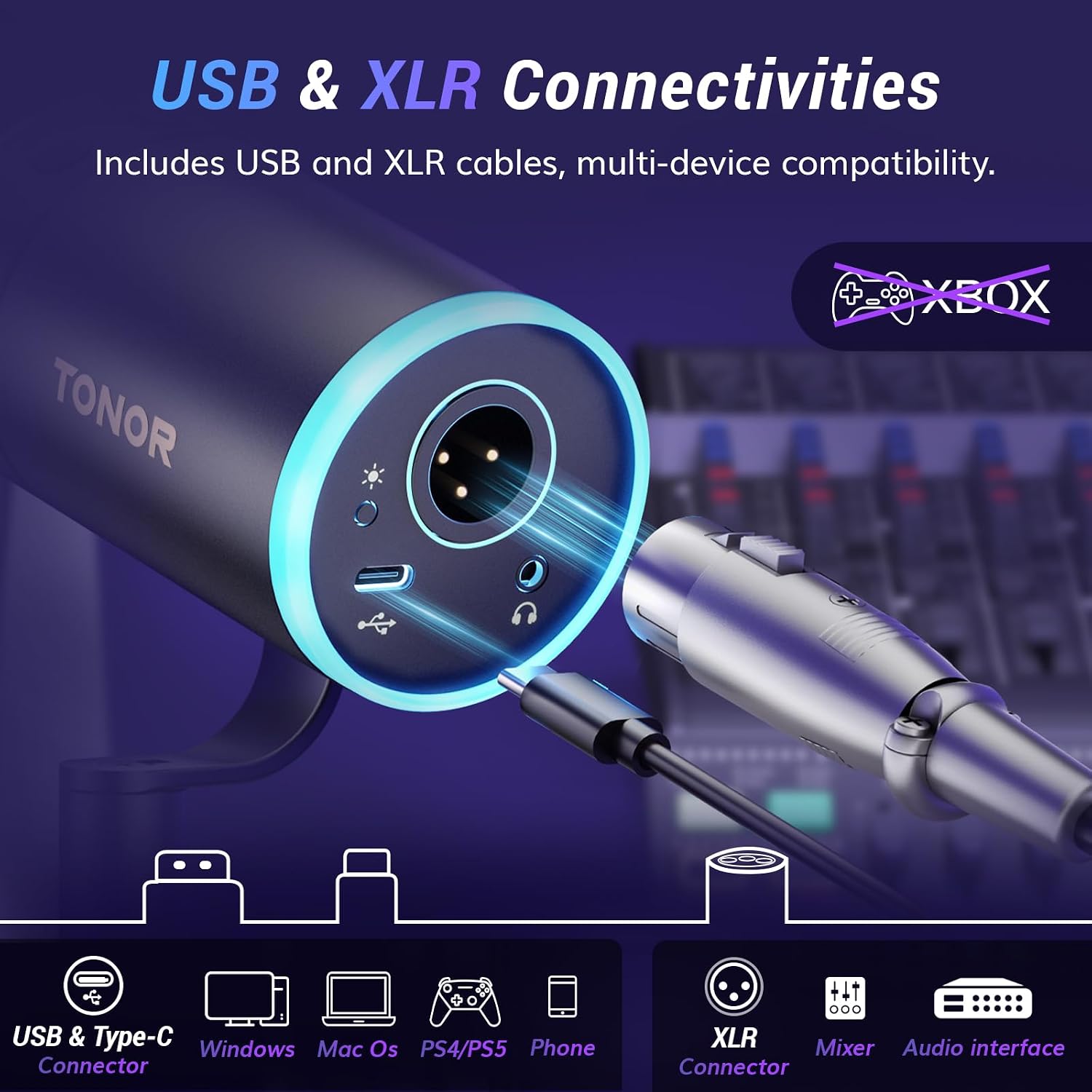 Detalle de TONOR TD520S+ Dynamic USB/XLR Microphone with RGB and Low-Profile Arm