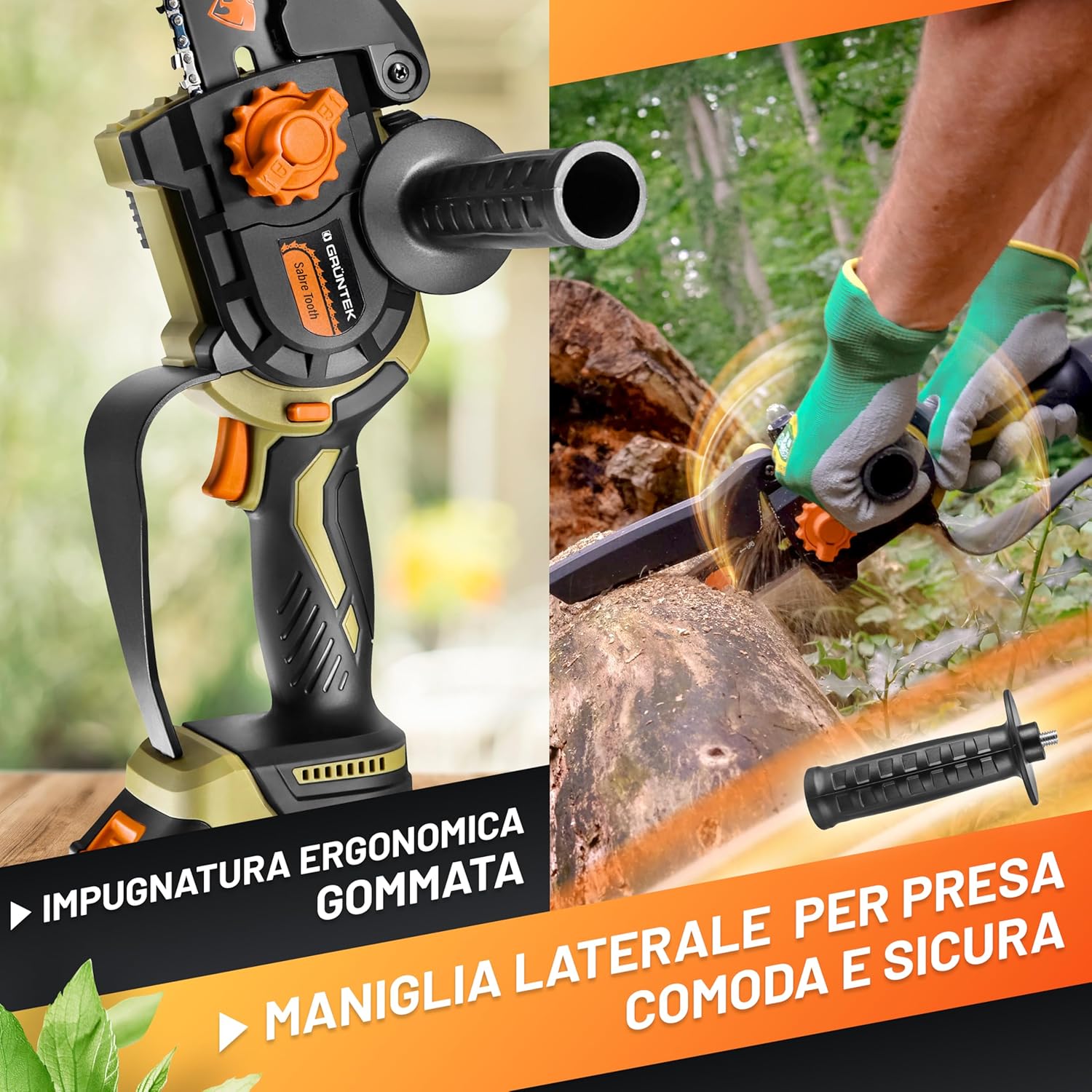 Detalle de GRÜNTEK Mini Motosega a Batteria 1050W: kit 2 batterie 21V, barre 6"/8" e accessori