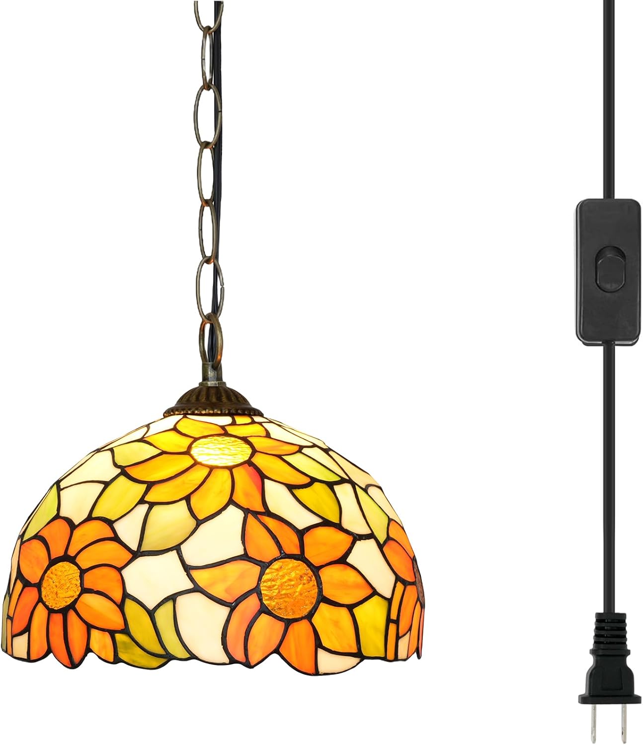 Detalle de Tiffany Pendelleuchte 12 Zoll Gelbe Sonnenblume – Vintage Buntglas Pendellampe