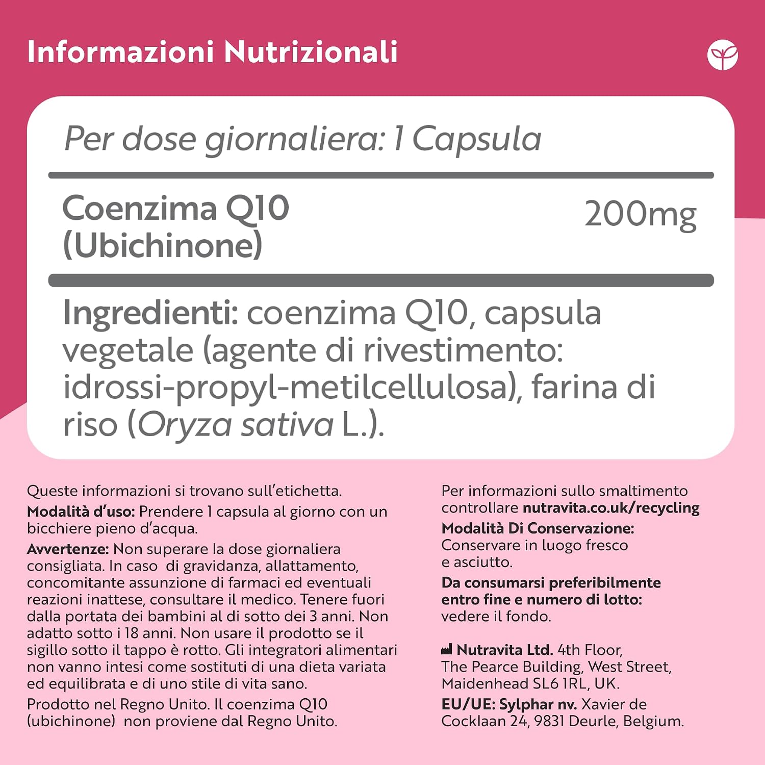 Detalle de Nutravita Coenzima Q10 200 mg – Ubichinone Puro al 100% (120 Capsule Vegane) - Fornitura di 4 mesi