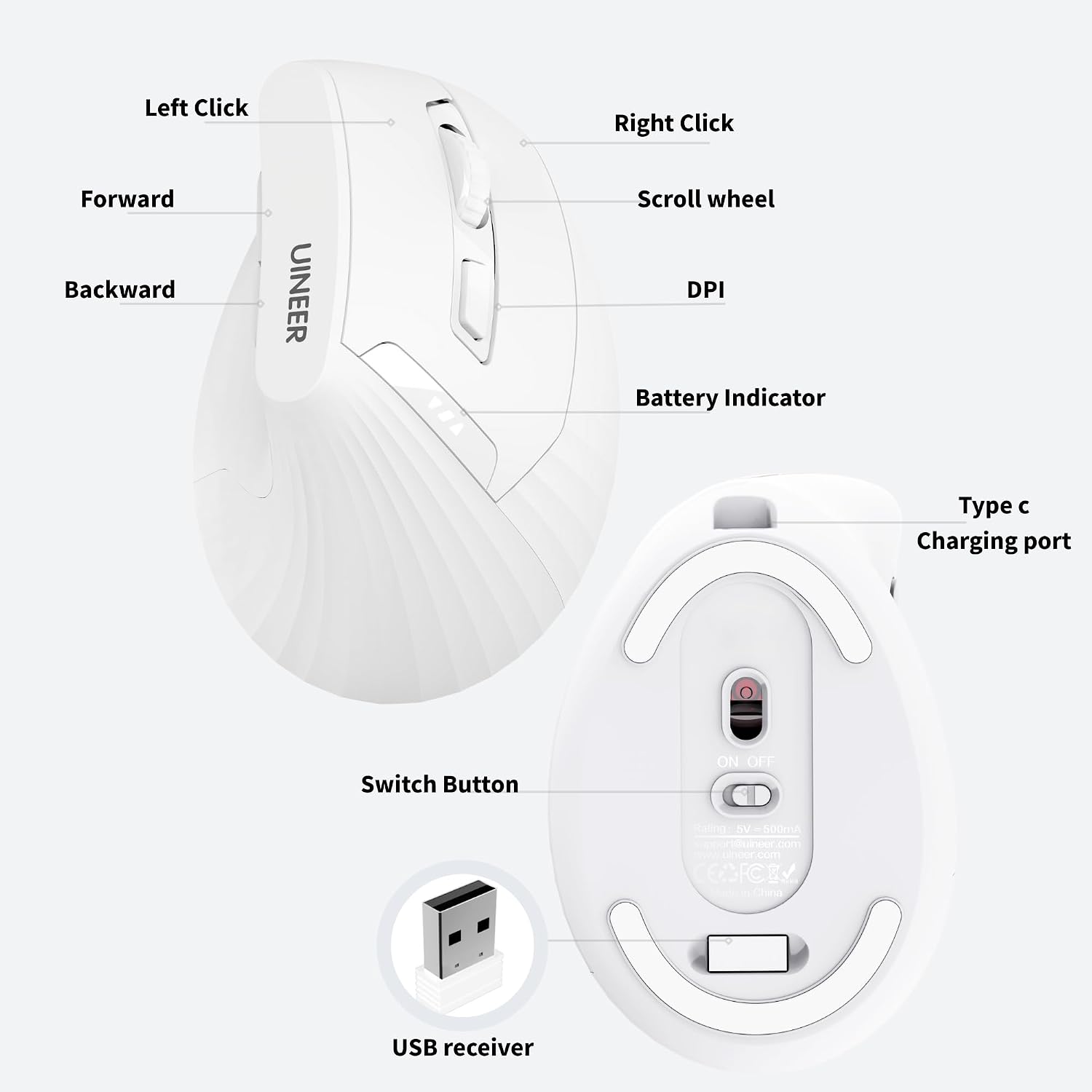 Detalle de Uineer 2.4G Rechargeable Vertical Wireless Mouse — 59° Ergonomic Design for RSI Comfort