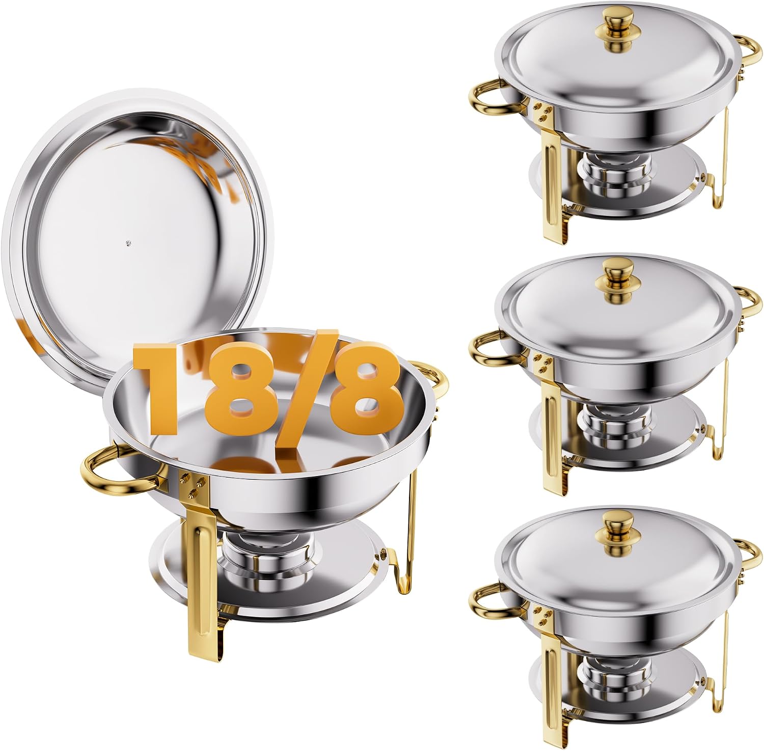 Detalle de CAMMOO 4 Pack Round Chafing Dishes for Buffet, 6 QT Gold Stainless Steel