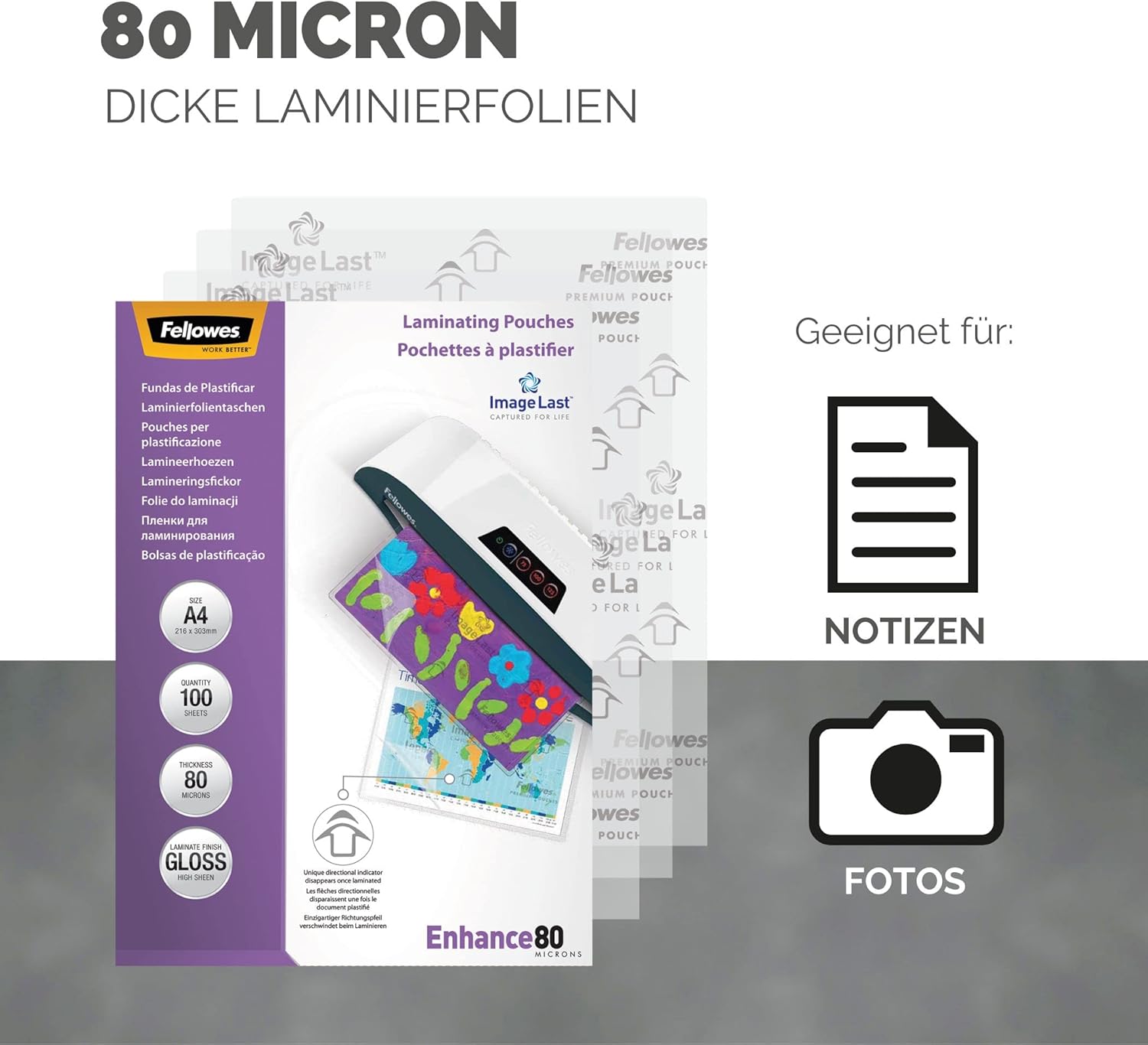 Detalle de Fellowes Laminierfolien A4, glänzend – 80 μm pro Seite, ImageLast Ausrichtungshilfe, 5x100 Stück (500 Folien) – kompatibel mit Heißlamination