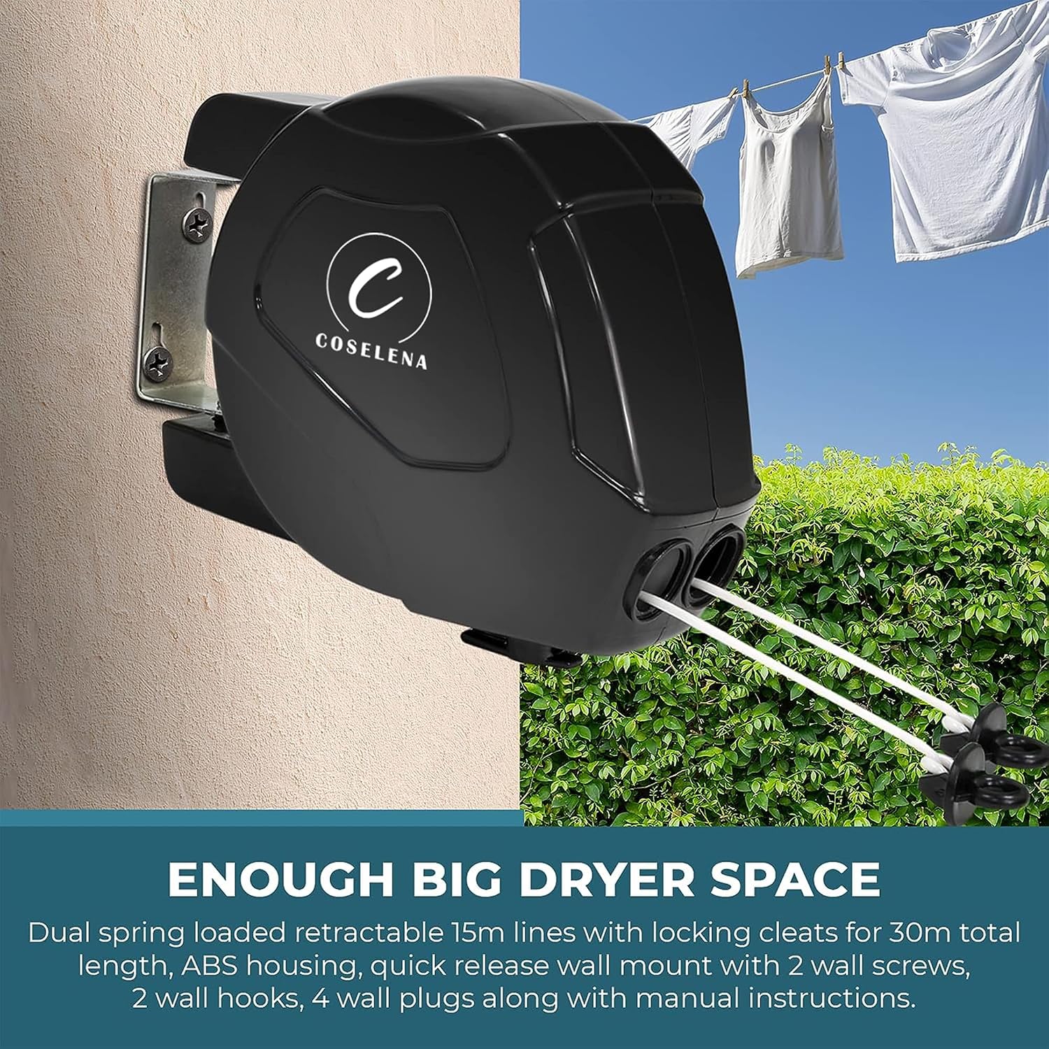 Detalle de Coselena 30m Retractable Washing Line – Heavy-Duty Twin Clothes Line with Hook