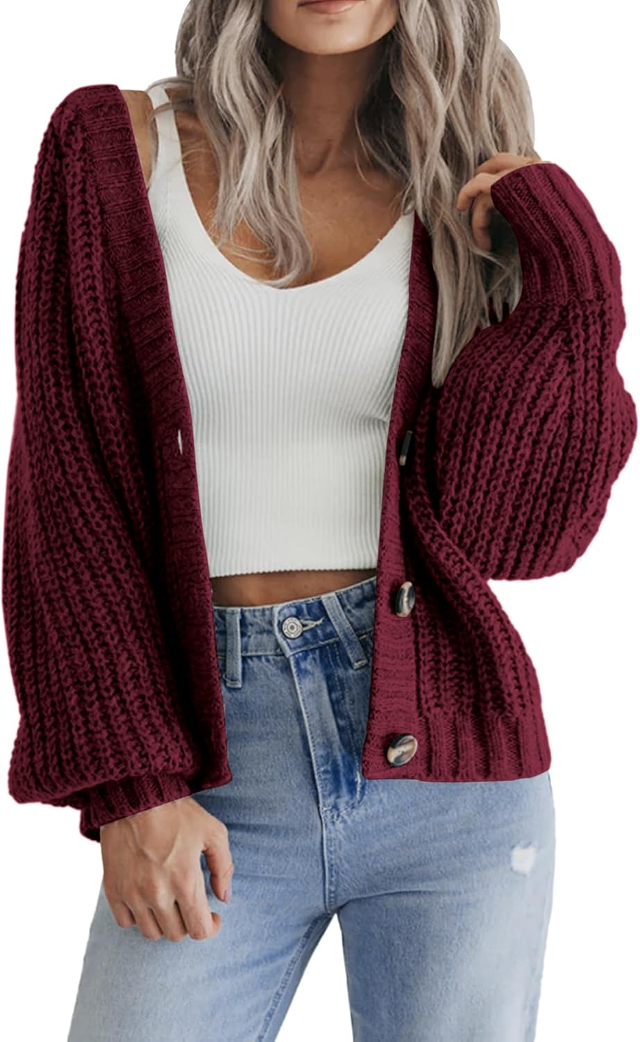 Thumbnail 6 de Hotouch Strickjacke Damen Kurz Strick Cardigan V-Ausschnitt mit Knopfleiste