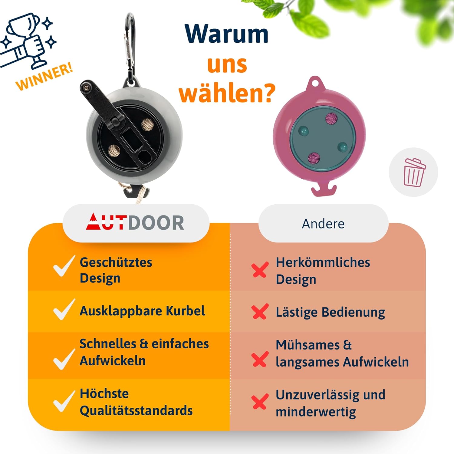 Thumbnail 4 de AUTDOOR Wäscheleine ausziehbar mit Kurbel – 10 m Schnur, heavy duty, für Camping und Reisen