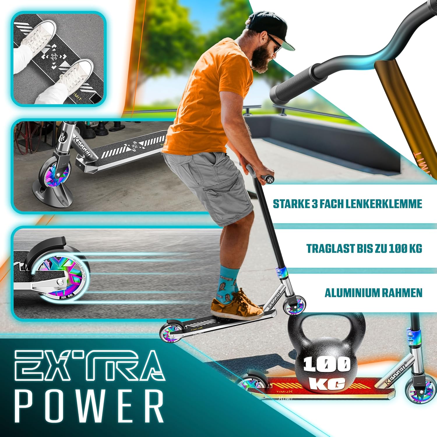 Detalle de KESSER® Stunt Scooter X-Limit-Pro 360° Lenkung – ABEC 9, 110mm PU-Räder, Ständer
