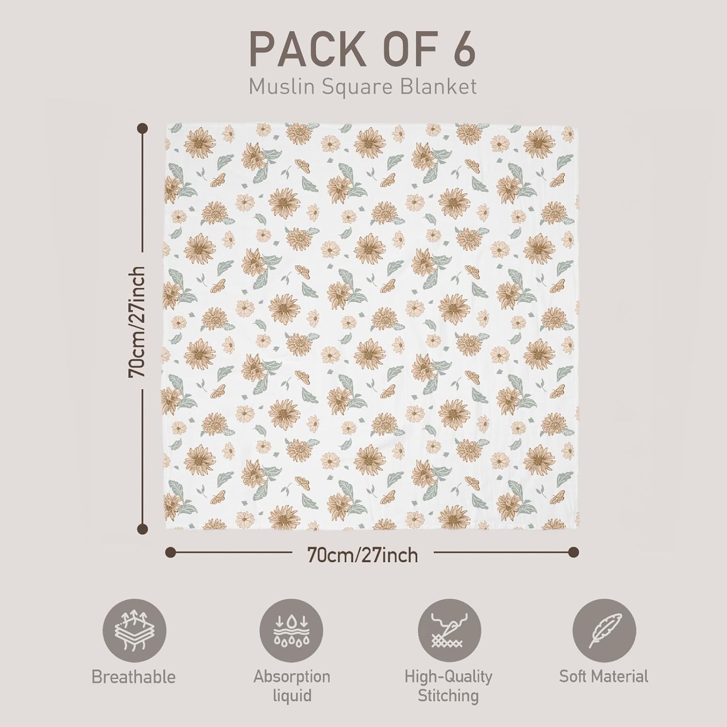Detalle 2 de GLLQUEN BABY 6-Pack Muslin Squares (70cm x 70cm) for Newborn Burp Cloths – Sunflower