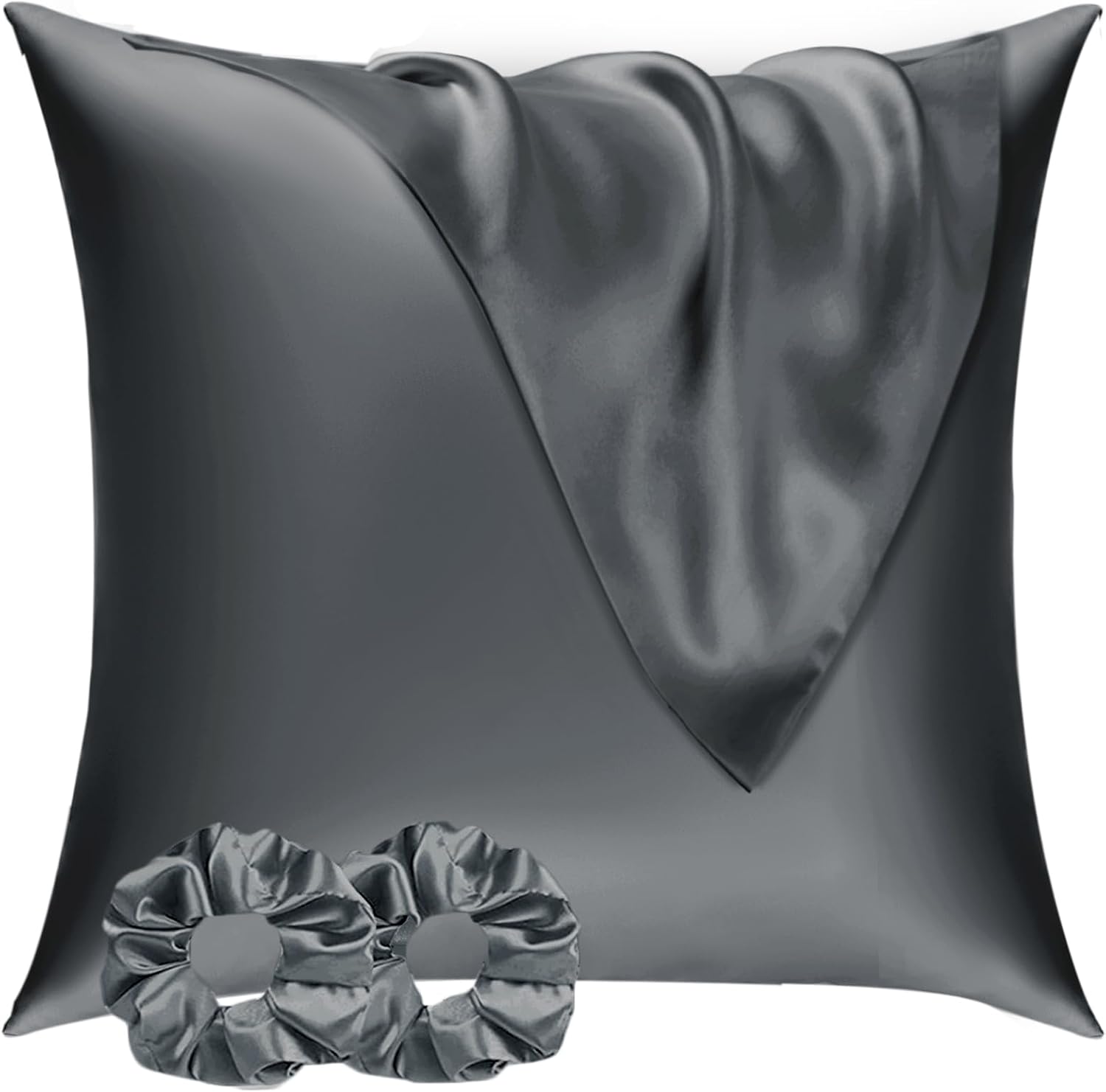 Detalle de Vielit Satin Kissenbezug 80x80 im 2er-Set & 2 Haargummis, dunkelgrau