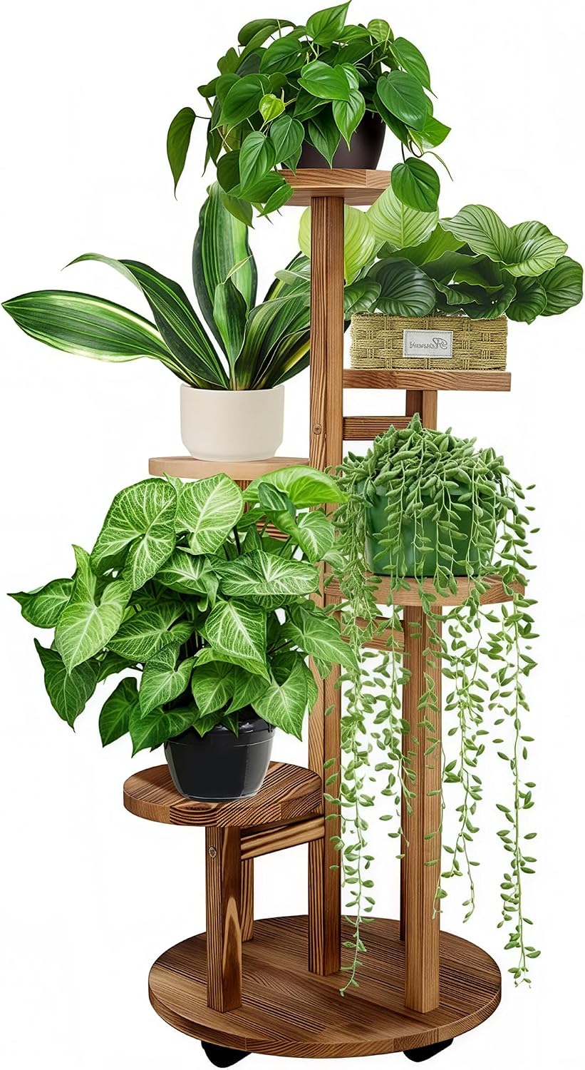 Detalle de GEEBOBO ge-5tier-round-plant-stand-003 5-Tier Pine Wood Plant Stand with Wheels