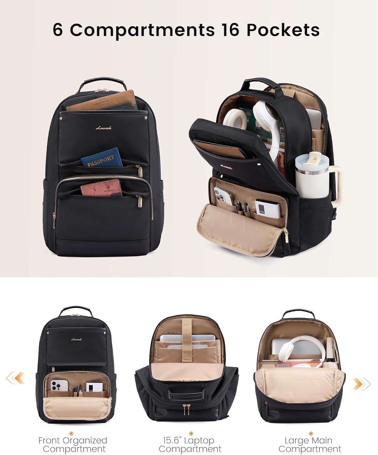 Detalle de LOVEVOOK Damen-Rucksack für 15,6 Zoll Laptop – wasserdicht, mit gepolstertem Fach & Seitentasche für Trinkflasche