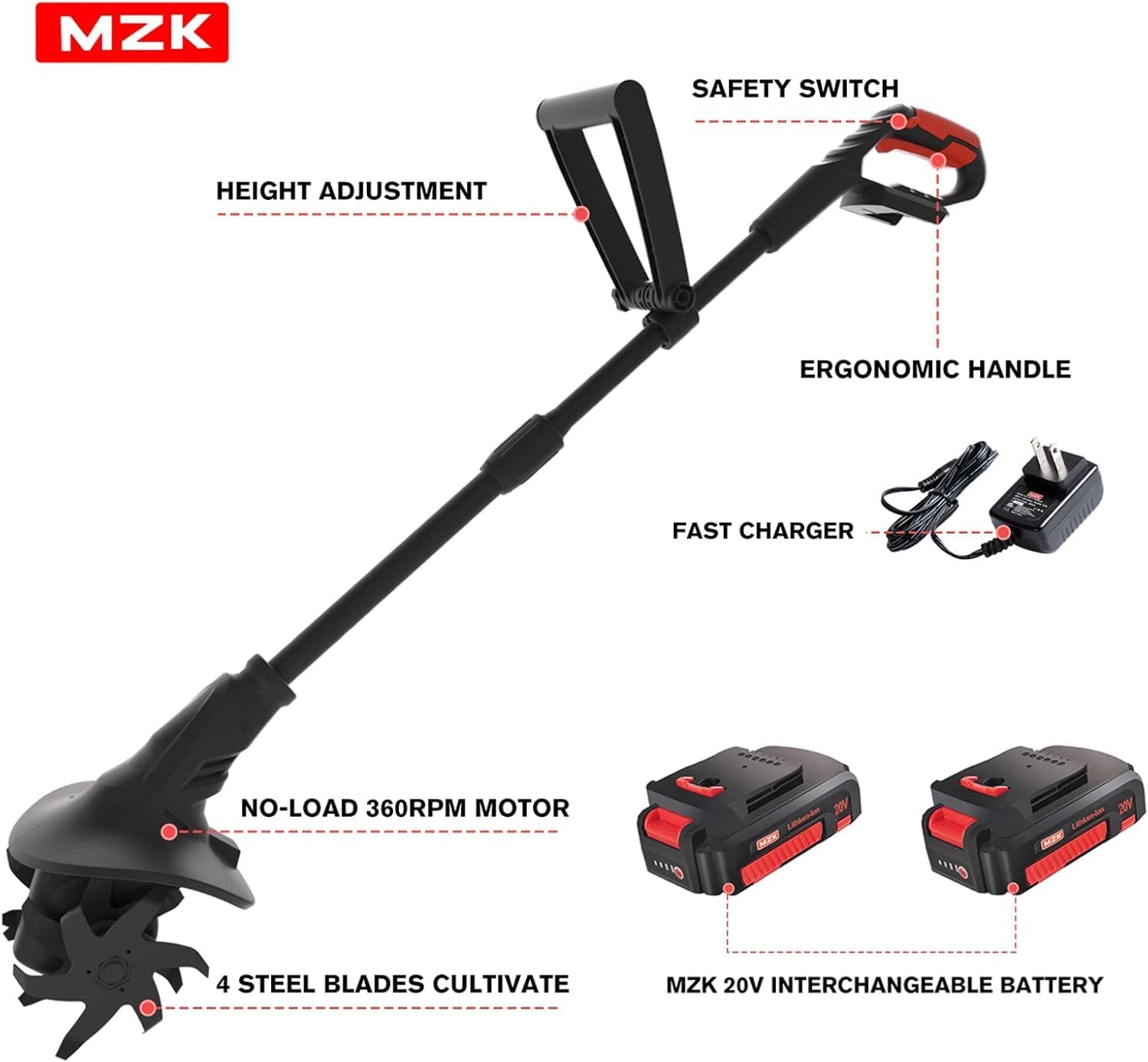Thumbnail 1 de MZK 20V Cordless Tiller Cultivator with Steel Tines – 20cm Wide, 2 x 2Ah Batteries Included