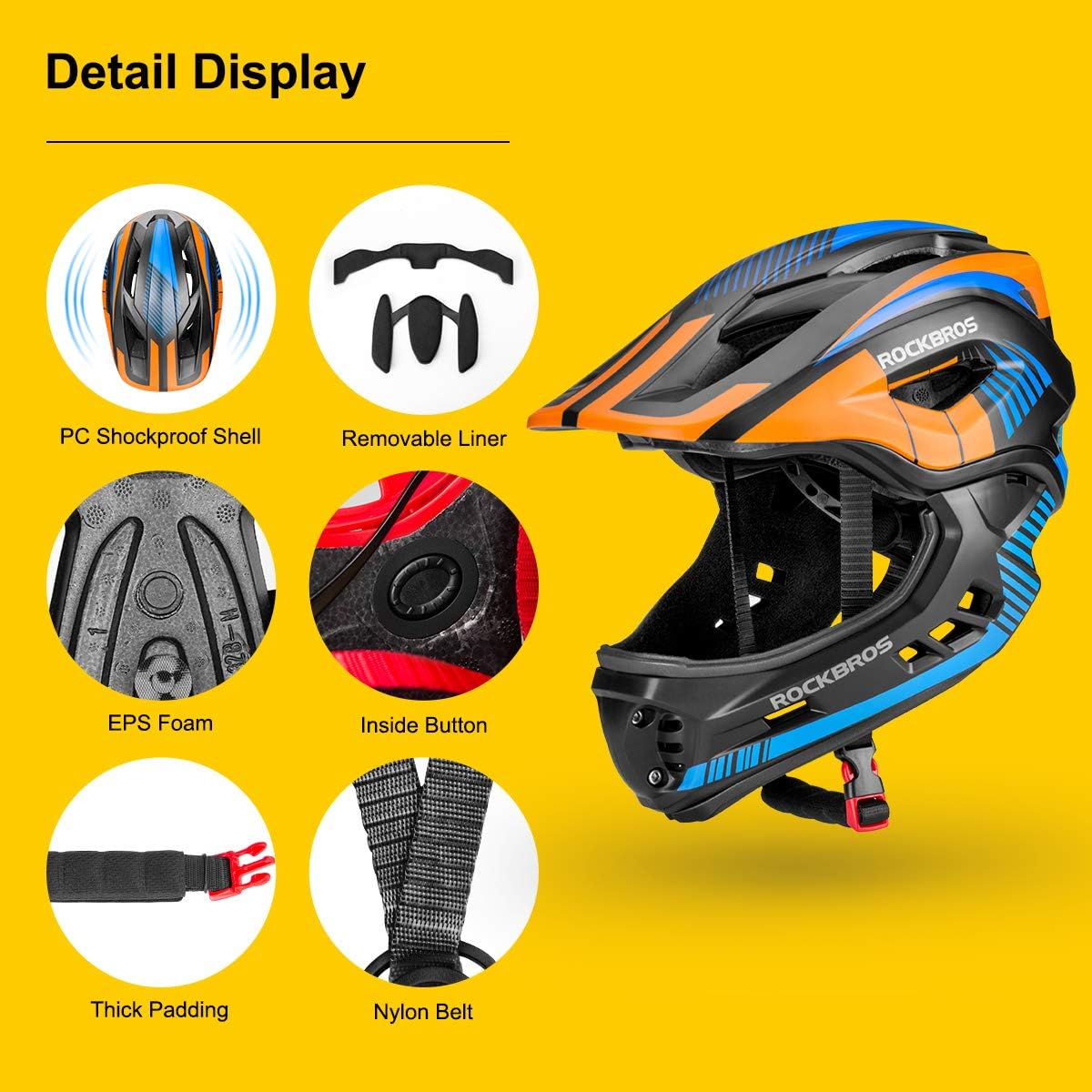 Detalle de ROCKBROS Kids Full Face Helmet: Lightweight 2-in-1 Protection for Active Young Riders