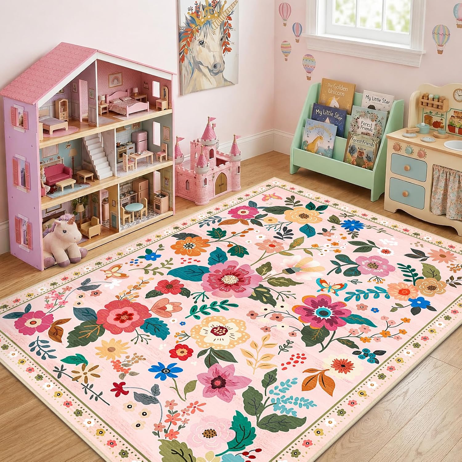 Detalle de RELEANY Floral 5x7 Area Rug — Machine Washable, Soft Print Boho Carpet