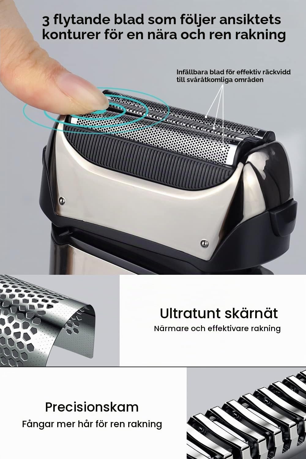 Detalle de Amurhey elektrisk rakapparat med tre flexibla huvuden, våt- och torrakning