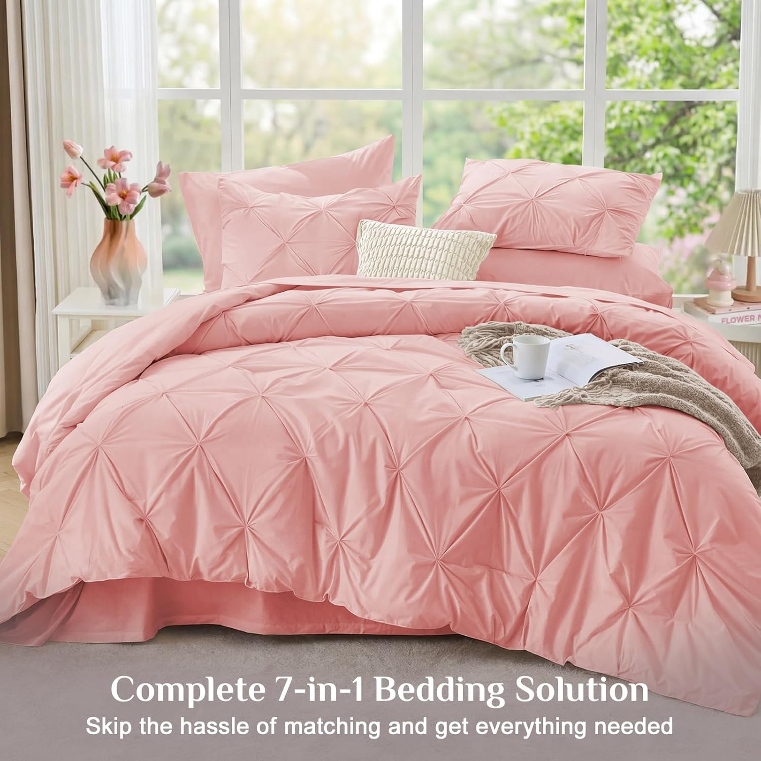 Thumbnail 5 de JOLLYVOGUE Queen Comforter Set (7-Piece) with Pintuck Microfiber Bedding, Pink