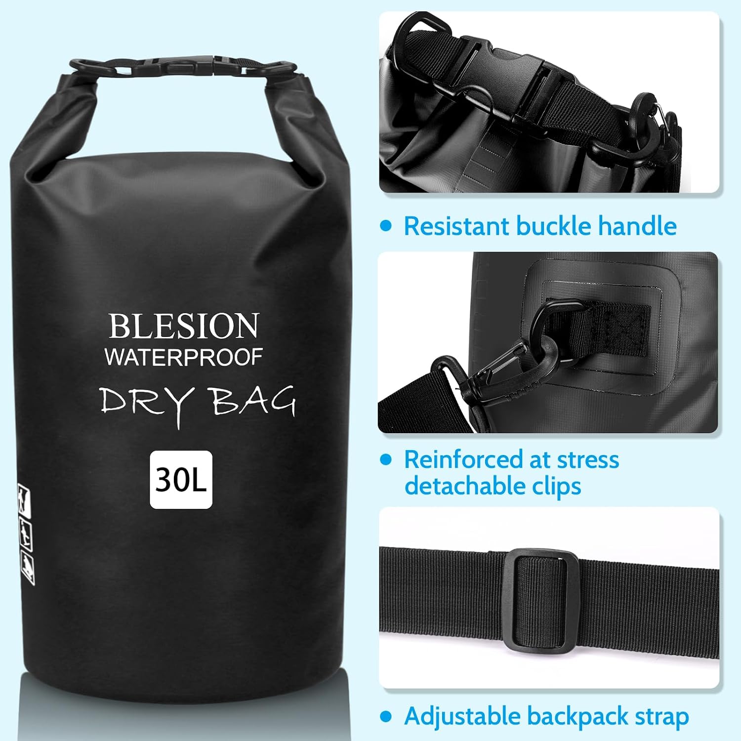 Detalle de BLESION Dry Bag wasserdichte Tasche 5–30 L mit verstellbarem Schultergurt für Kajak, Angeln, Schwimmen & Reisen