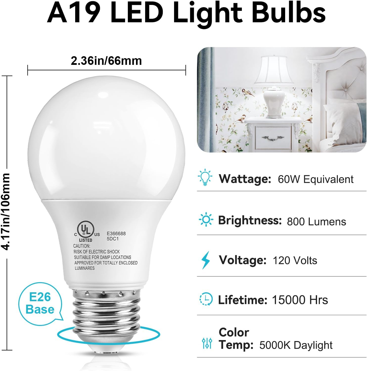 Detalle 2 de TJOY A19-9-**/B1BF/11/3J LED Bulbs, 6-Pack, 5000K Daylight White