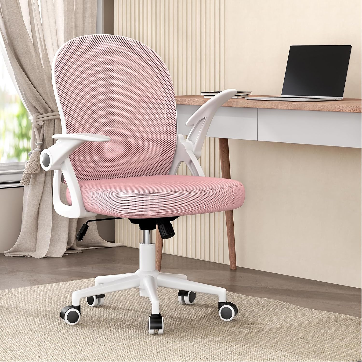 Detalle 2 de naspaluro Bürostuhl mit atmungsaktiver Mesh-Rückenlehne, höhenverstellbaren Sitz und 90° hochklappbaren Armlehnen (rosa)