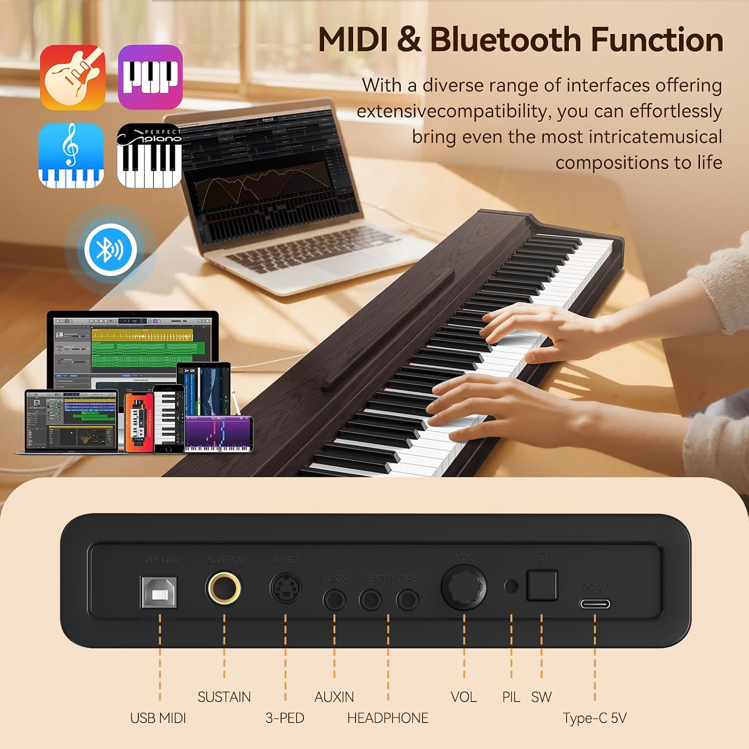 Detalle 2 de TERENCE DZQ-P10 88-Key Digital Piano, Semi-Weighted, Bluetooth and Triple Pedals