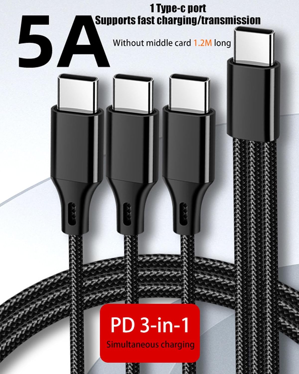 Thumbnail 6 de YIMINGOUFEI 3-in-1 USB-C Cable: 5A PD, Nylon Braided, 1.2m per Branch
