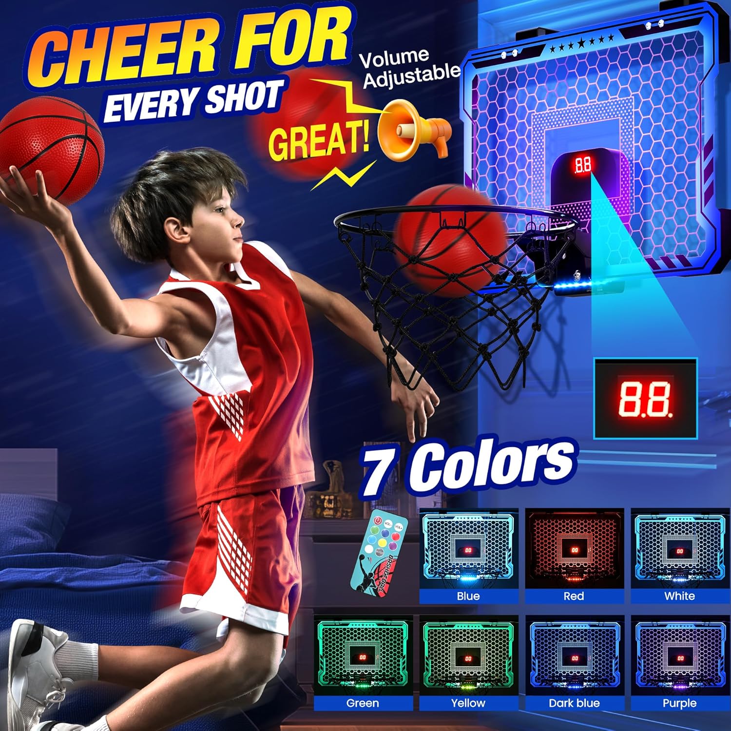 Detalle 2 de Ropoda Indoor Basketball Hoop with 7 LED Lights, Remote Scoring & 4-Ball Play (Mini Door Hoop)