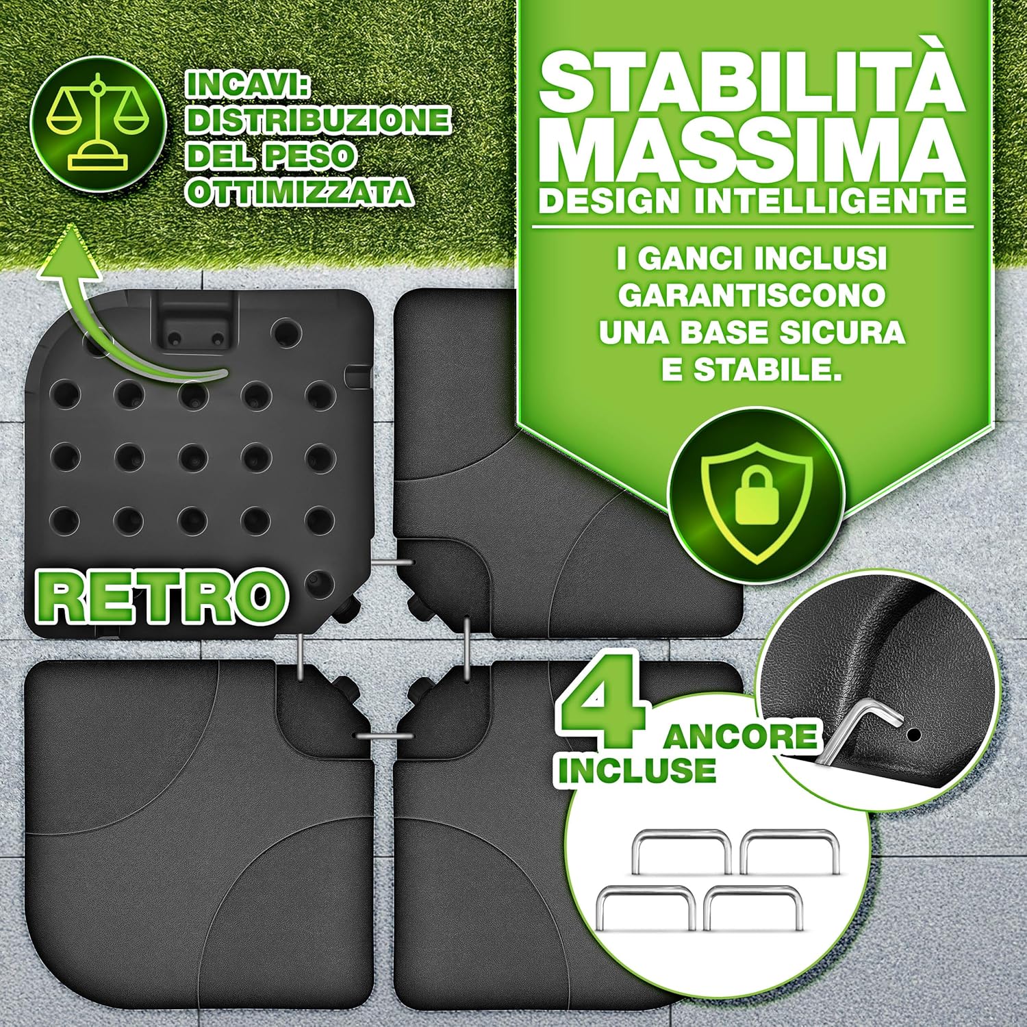 Thumbnail 4 de tillvex® Base per ombrellone 60 litri / 80 kg da 4 pezzi con connettore metallico (decetrata) per ombrellone decentrato
